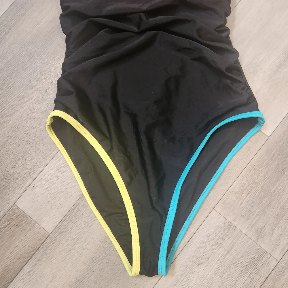 Neon straps swimsuit M black one piece deep V swimwear tummy control shaper new - Picture 6 of 12